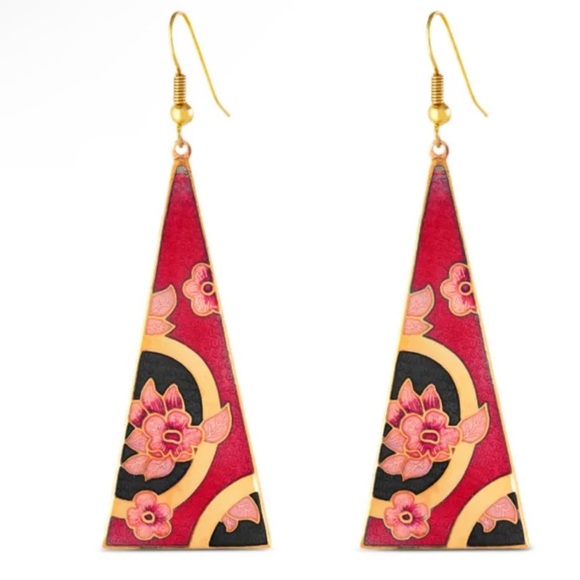 Vintage Jewelry - Vintage 80's Cloisonné Red and Gold Triangle Earrings